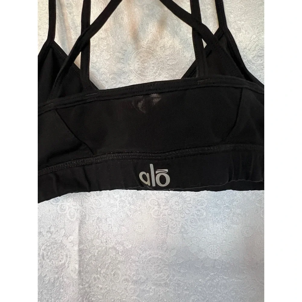 Alo Yoga Black Strappy Cross Back Mesh Inset V-Neck Sports Bra Activewear (XS?)